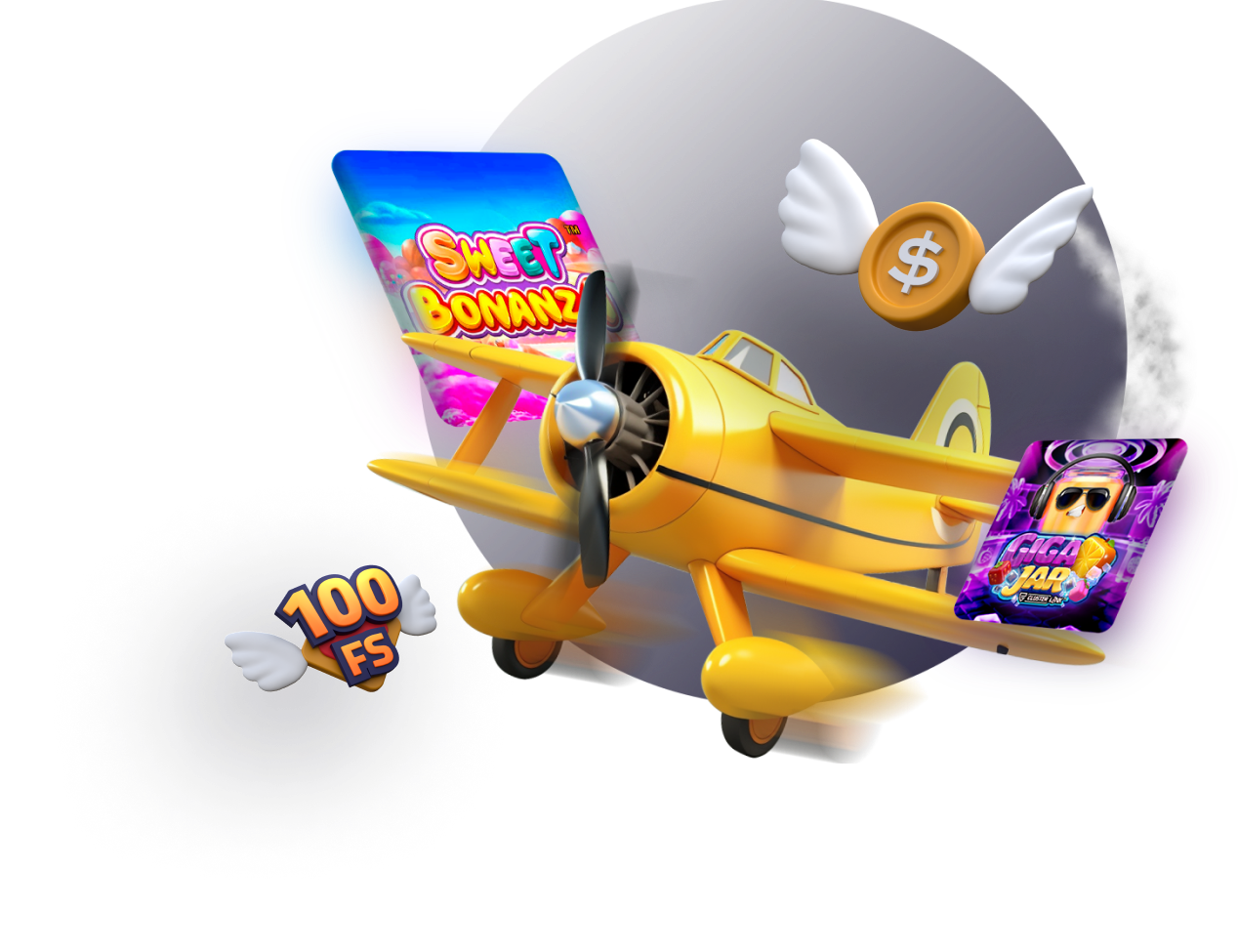 Yellow airplane and candy bar represent casino bonuses for players.